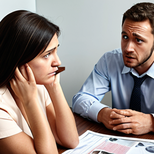 Home 11 A person looking distressed after sudden job loss, sitting with bills, receiving advice from a social worker and lawyer in a bright, supportive office setting.