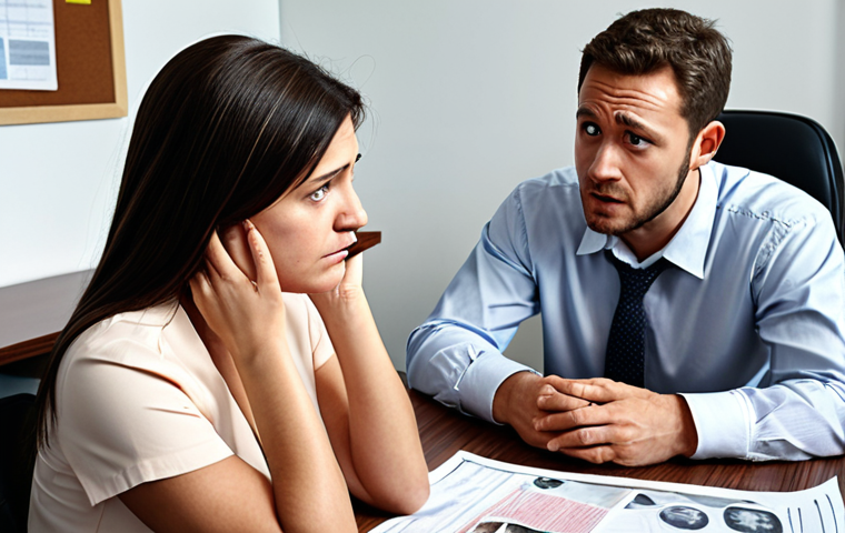 A person looking distressed after sudden job loss, sitting with bills, receiving advice from a social worker and lawyer in a bright, supportive office setting.