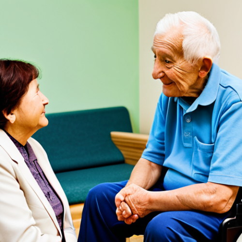 Home 6 A professional social worker, female, in a modest yet functional uniform, gently conversing with an elderly person, male, seated in a simple, tidy living room within a community welfare center. The elderly man is fully clothed in appropriate, comfortable attire, with a calm expression. The social worker maintains eye contact, showing empathy and warmth. The background includes blurred elements of a care facility, suggesting a supportive environment. The scene emphasizes human connection and professional dedication in elder care. Perfect anatomy, correct proportions, natural pose, well-formed hands, proper finger count, natural body proportions, professional photography, high quality, realistic lighting, safe for work, appropriate content, fully clothed, professional, family-friendly.