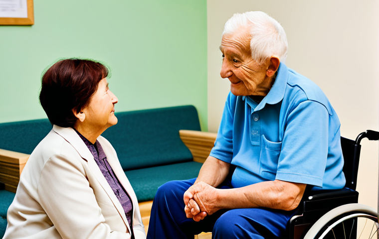 A professional social worker, female, in a modest yet functional uniform, gently conversing with an elderly person, male, seated in a simple, tidy living room within a community welfare center. The elderly man is fully clothed in appropriate, comfortable attire, with a calm expression. The social worker maintains eye contact, showing empathy and warmth. The background includes blurred elements of a care facility, suggesting a supportive environment. The scene emphasizes human connection and professional dedication in elder care. Perfect anatomy, correct proportions, natural pose, well-formed hands, proper finger count, natural body proportions, professional photography, high quality, realistic lighting, safe for work, appropriate content, fully clothed, professional, family-friendly.
